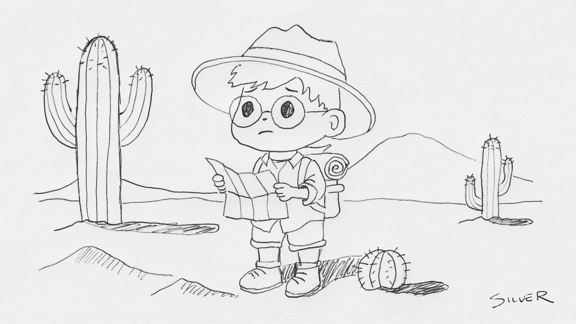 An explorer lost in the desert, looking at a map.