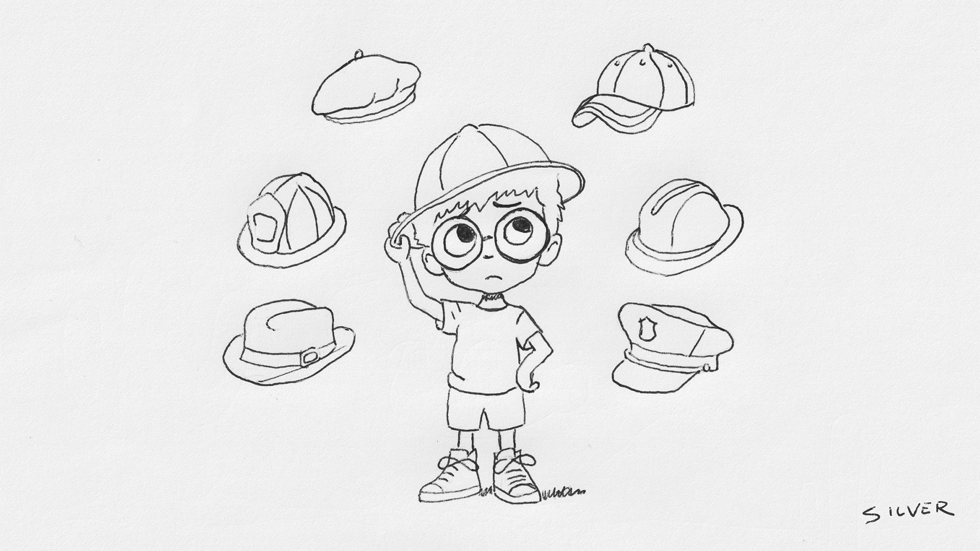 A confused person surrounded by many unique hats.