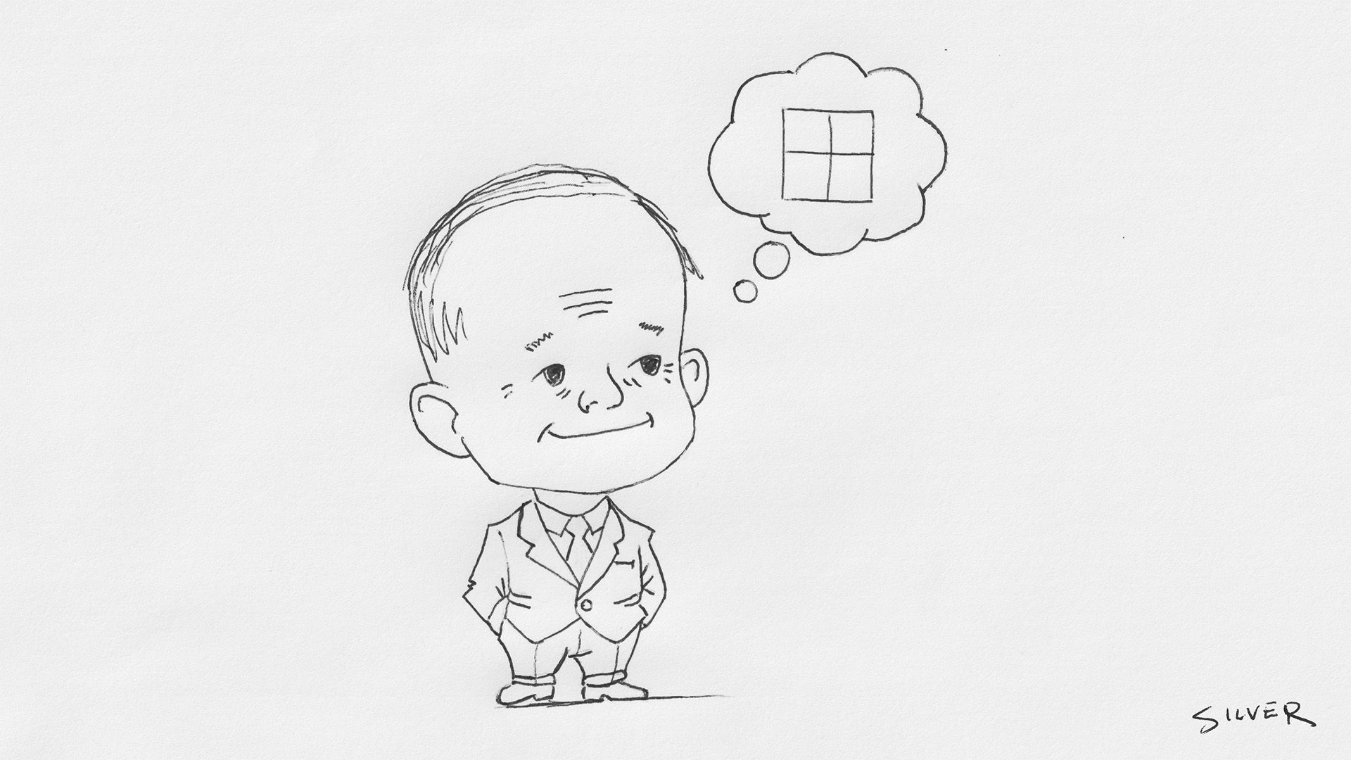 A chibi caricature of President Dwight Eisenhower with a thought bubble containing a 2x2 grid.