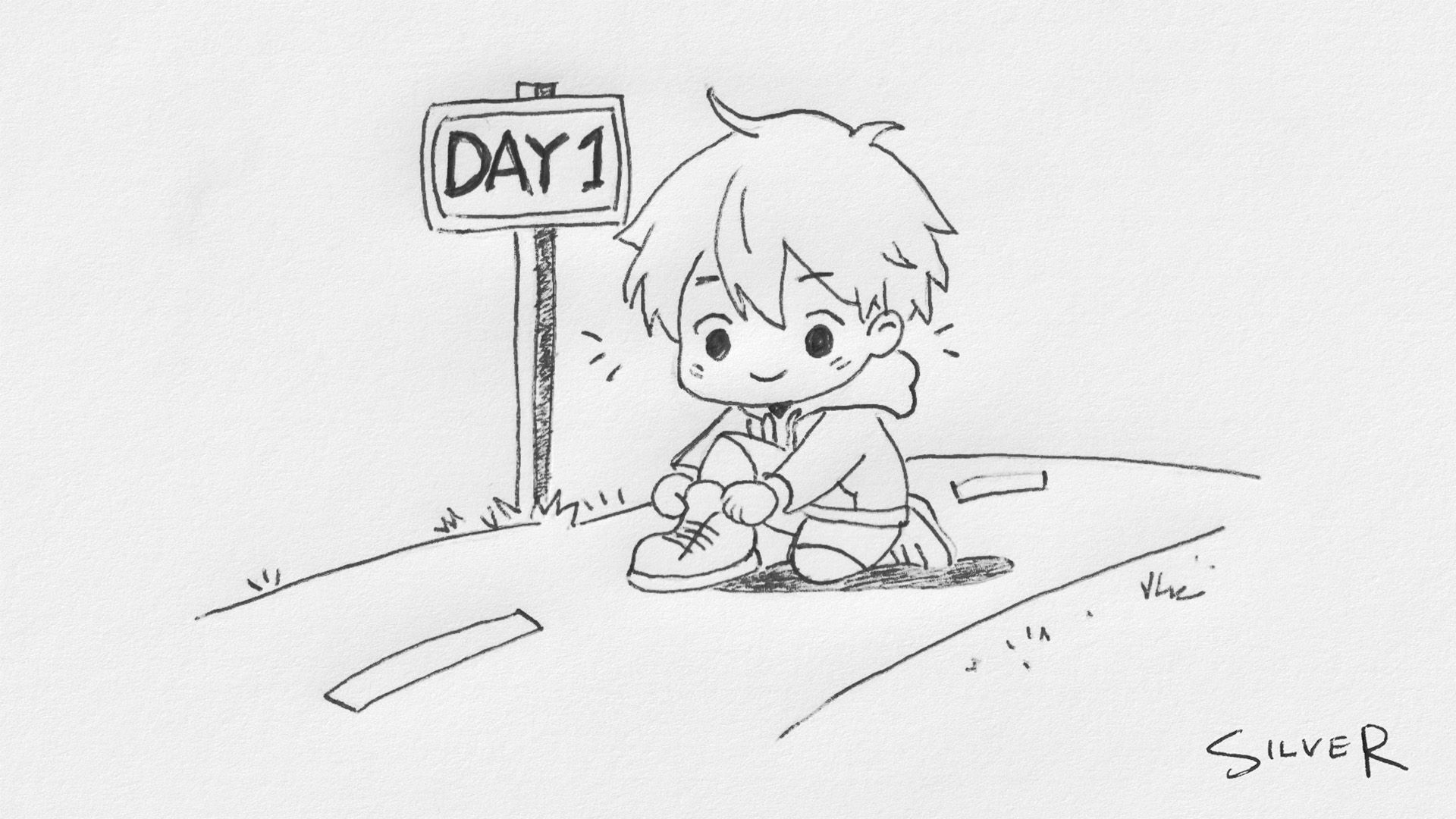 A young fella kneeling on a road, tying his shoes, by a sign reading 'Day 1'.