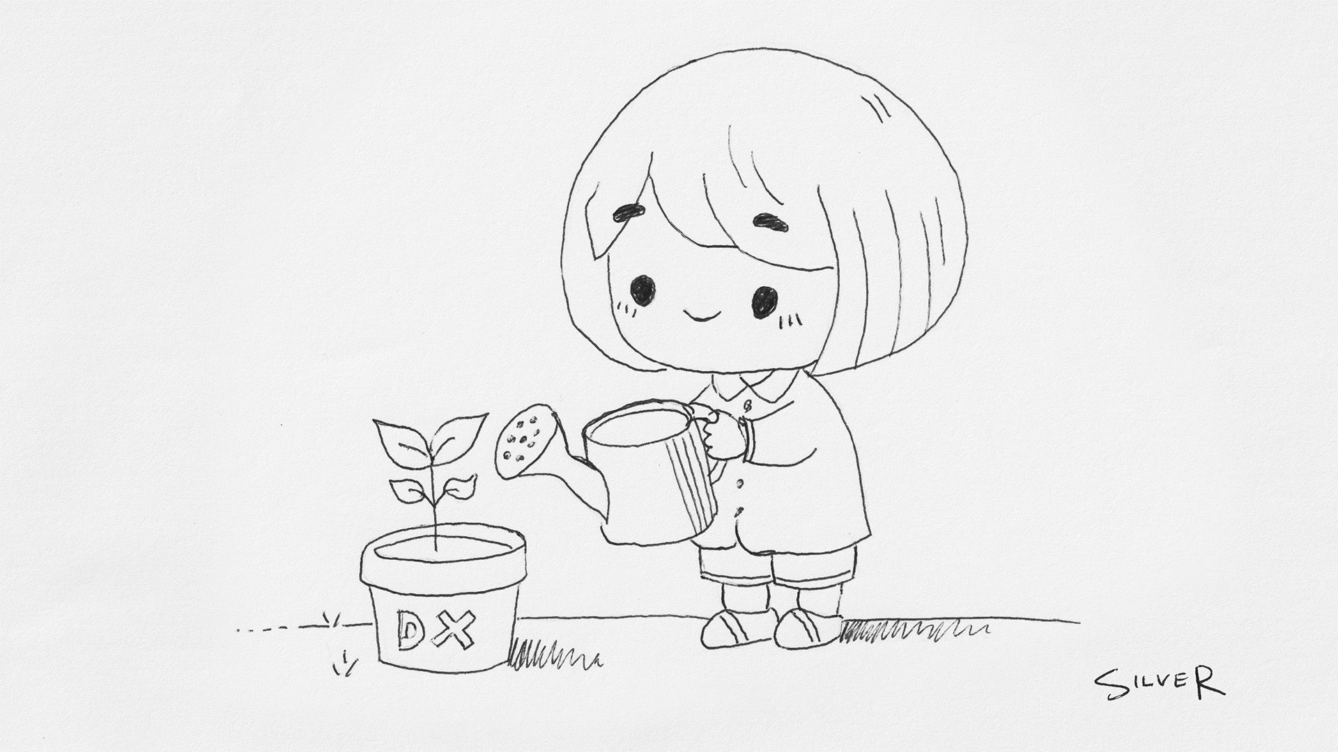 A woman watering a potted plant labeled DX